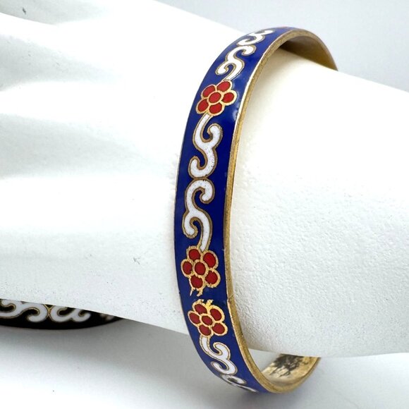 Cloisonne Enamel Brass Blue Red Green Black Vtg Set of 3 Bangle Bracelet  7.5 - Picture 9 of 16